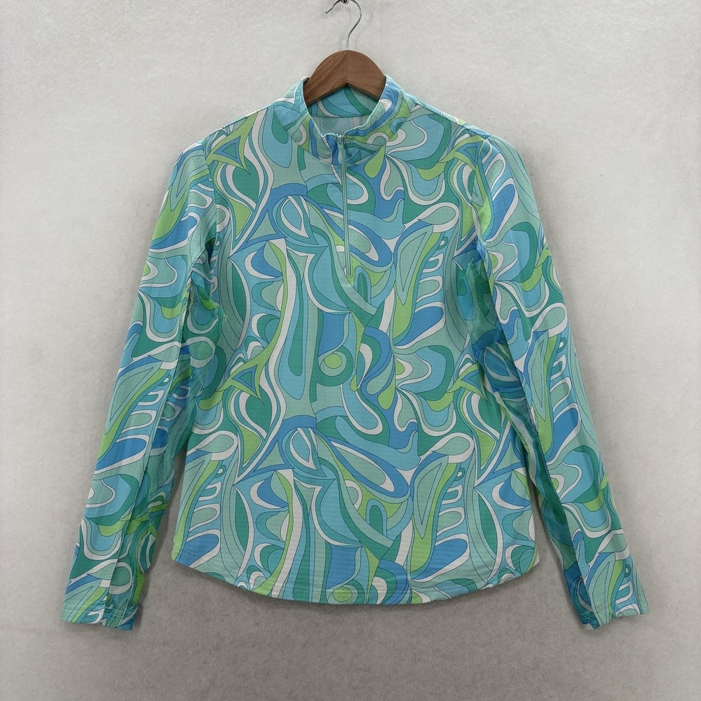 ICIKULS Shirt Womens Small Blue Green Geo 1/4 Zip Mock Neck Golf Tennis Sport